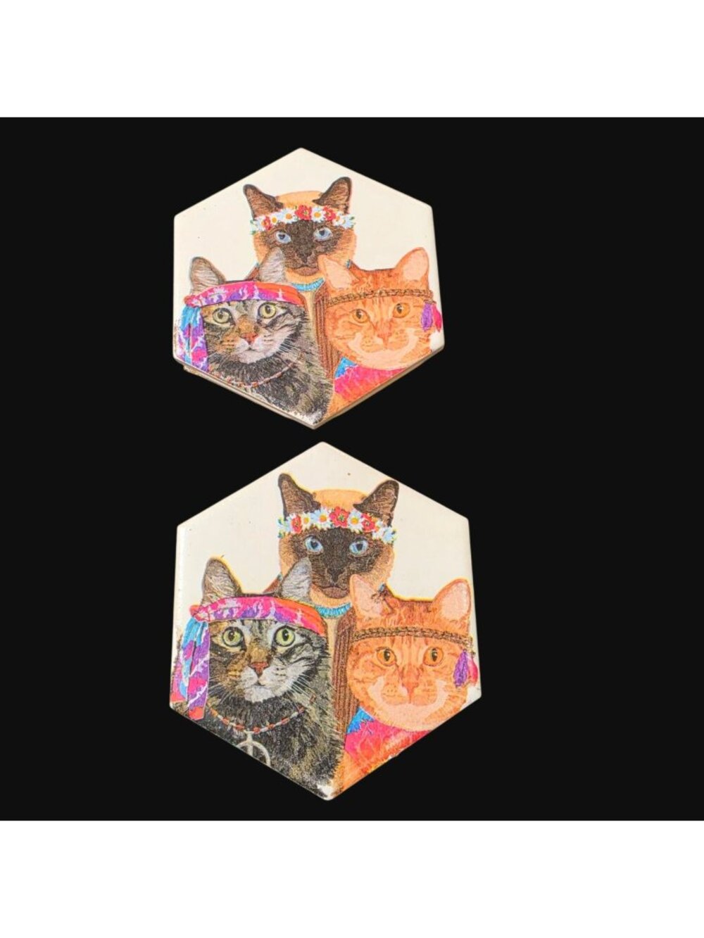 Handcrafted 4" Hexagon Ceramic Tile Coasters Set of 2 Groovy Hippie Cats BOHO